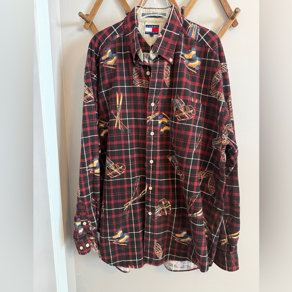Vtg Tommy Hilfiger Winter Sports Brushed Cotton Shirt L Cabin Core Skis snowshoe